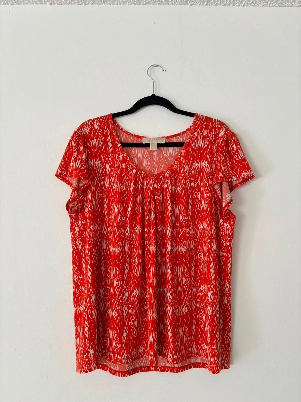 Michael Kors Womens XL Red White Abstract Print Flutter Sleeve Blouse Top